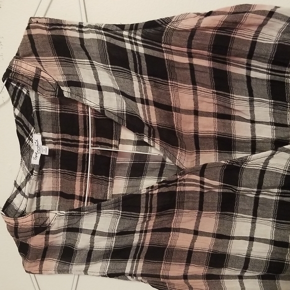 Splendid Plaid Surplice Top Cotton Gauze Style Crinkle Black White Pink Wrap - Picture 6 of 9